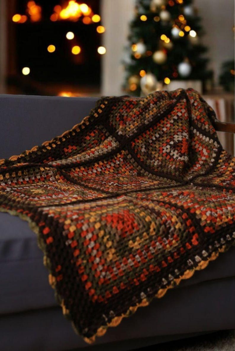 Bohemian Southwestern Crochet Patchwork King Blanket: Fair Isle Moss Stitch in Brown and Burnt Orange
