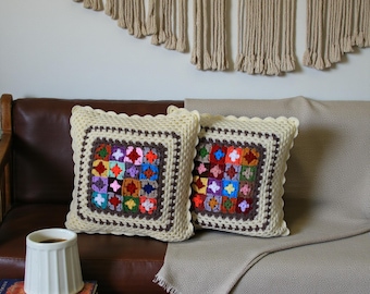 Colorful Home Decor Gift Handmade Granny Square Crochet Pillow Cover Vintage Boho Cottagecore