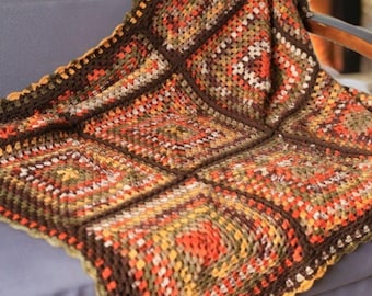 Brown Burnt Orange Boho Gehaakte Afghaanse deken Southwestern Patchwork Moss Stitch Fair Isle