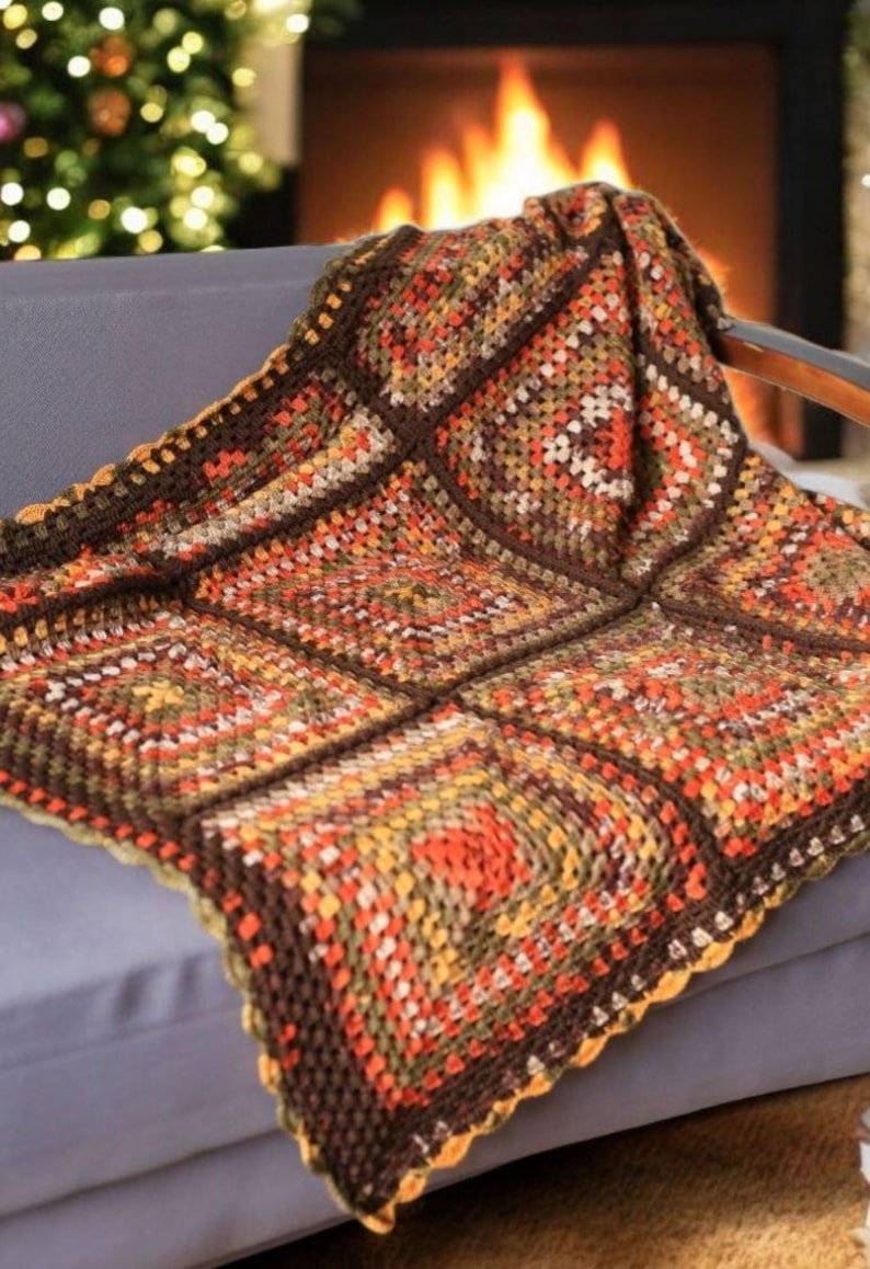 Bohemian Southwestern Crochet Patchwork King Blanket: Fair Isle Moss Stitch in Brown and Burnt Orange