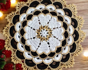 Juego de manteles individuales de encaje europeo de lujo, color negro, blanco y dorado, con diseño de mandala para decoración de mesa de boda.