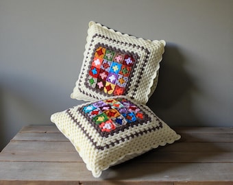 Granny Square Crochet Pillow Covers Vintage Boho Cottagecore Home Decor Gift Handmade Colorful