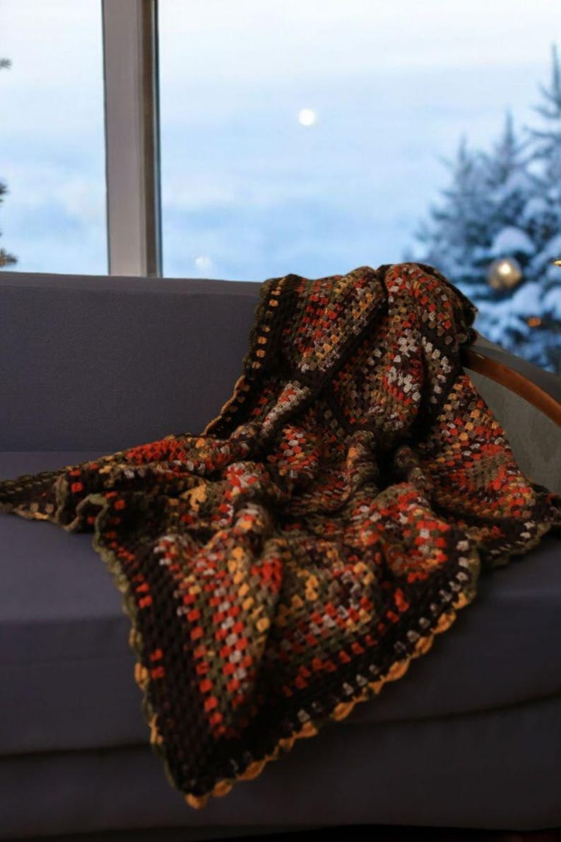 Bohemian Southwestern Crochet Patchwork King Blanket: Fair Isle Moss Stitch in Brown and Burnt Orange