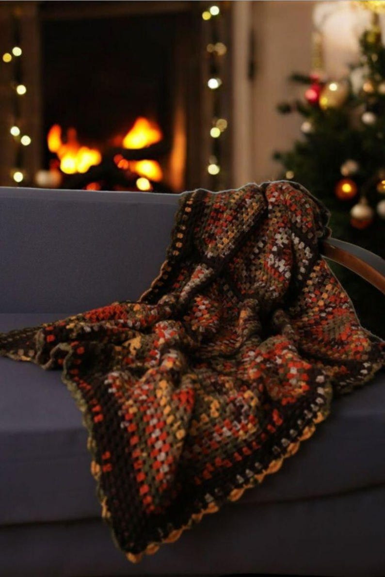 Bohemian Southwestern Crochet Patchwork King Blanket: Fair Isle Moss Stitch in Brown and Burnt Orange
