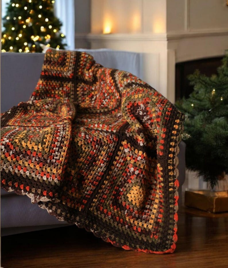 Bohemian Southwestern Crochet Patchwork King Blanket: Fair Isle Moss Stitch in Brown and Burnt Orange