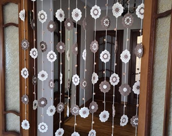 Hellbeige gehäkelte Perlen florale Baumwolle Türvorhang Boho Cottagecore Raumteiler Bauernhausdekor