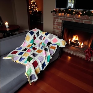 Colorful Checkerboard Crochet Afghan Patchwork Throw Blanket Handmade Boho Cottagecore Home Decor Accent