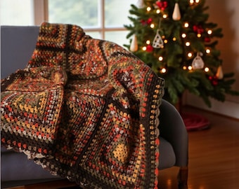Manta rústica de ganchillo estilo abuela – Manta afgana en tonos tierra otoñales, decoración boho acogedora para el hogar