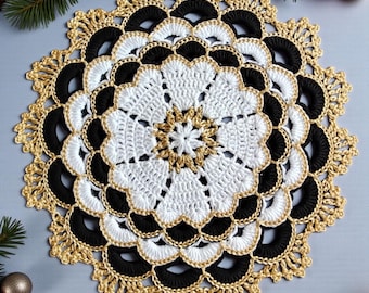 Juego de manteles individuales de encaje europeo de ganchillo, de lujo, en negro, blanco y dorado, hechos a mano, con diseño de mandala, para decoración de mesa de boda.