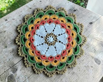 Groen oranje goud gehaakte mandala kleedje onderzetters set handgemaakte boho boerderij Cottagecore tafeldecor