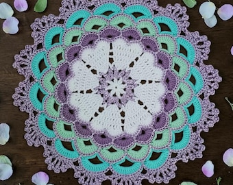 Juego de tapetes de mandala de ganchillo de lavanda y menta hechos a mano, decoración de mesa estilo cottagecore boho, posavasos vintage