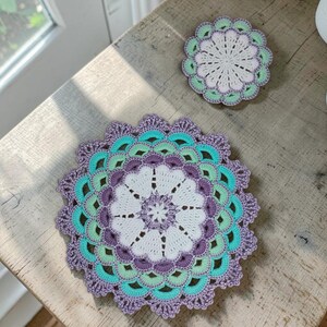 Handmade Lavender Aqua Crochet Mandala Doily Set Farmhouse Cottagecore Table Centerpiece Coasters Wedding Decor