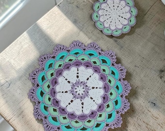 Handmade Lavender Aqua Crochet Mandala Doily Set Farmhouse Cottagecore Table Centerpiece Coasters Wedding Decor