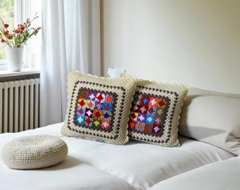 Kleurrijke oma vierkante gehaakte kussenslopen vintage boho Cottagecore woondecoratie cadeau grootmoeder