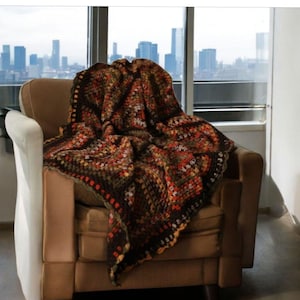Bohemian Southwestern Crochet Patchwork King Blanket: Fair Isle Moss Stitch in Brown and Burnt Orange