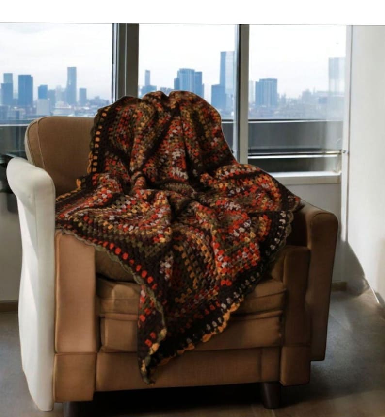 Bohemian Southwestern Crochet Patchwork King Blanket: Fair Isle Moss Stitch in Brown and Burnt Orange
