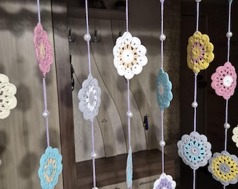 Pastel Crochet Beaded Floral Doorway Curtain Boho Cottagecore Cotton Room Divider Farmhouse Decor Home