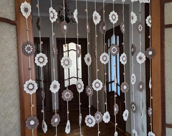 Handmade Crochet Beaded Floral Cotton Doorway Curtain Boho Cottagecore Room Divider Farmhouse Home Decor