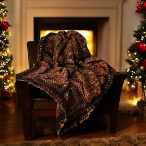 Bohemian Southwestern Crochet Patchwork King Blanket: Fair Isle Moss Stitch in Brown and Burnt Orange