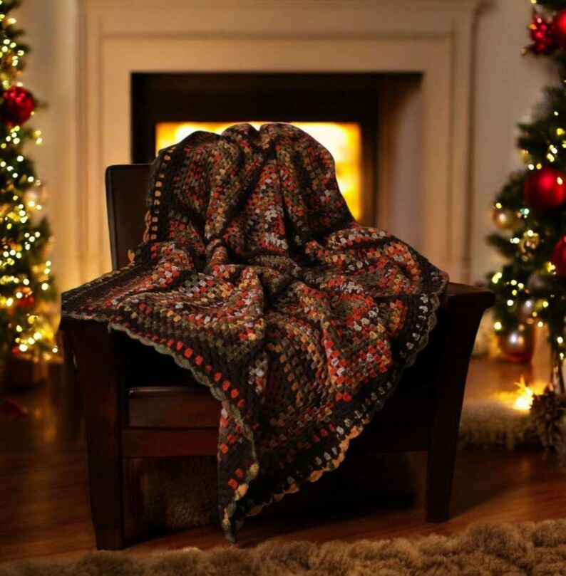 Bohemian Southwestern Crochet Patchwork King Blanket: Fair Isle Moss Stitch in Brown and Burnt Orange