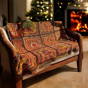 Bohemian Southwestern Crochet Patchwork King Blanket: Fair Isle Moss Stitch in Brown and Burnt Orange