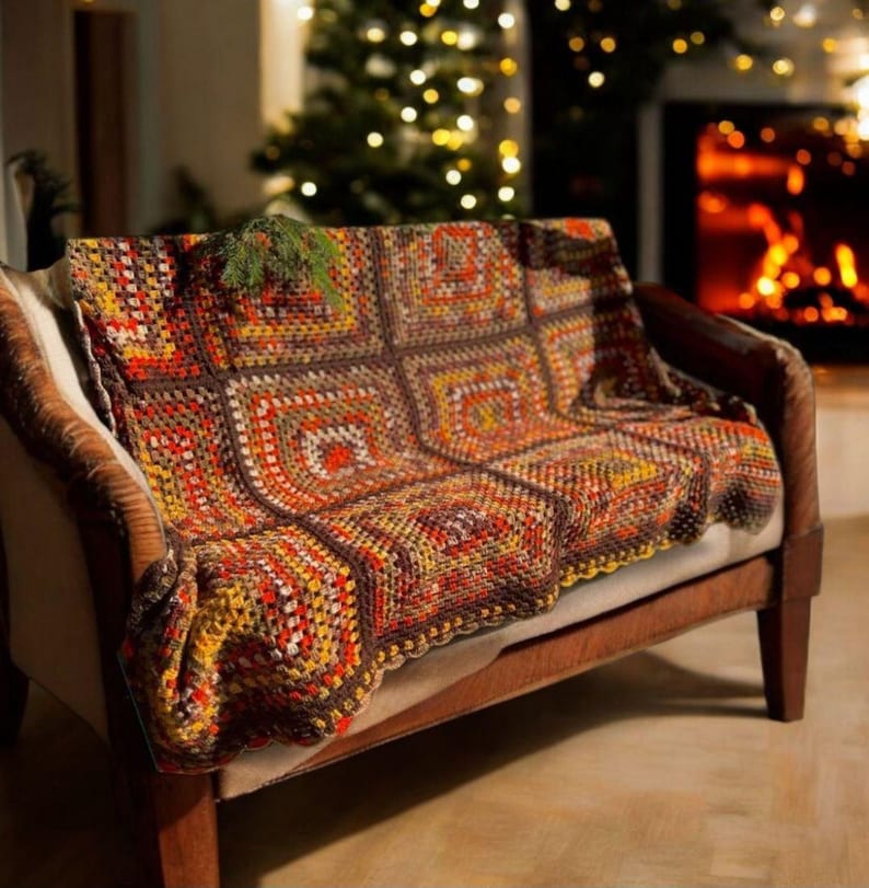 Bohemian Southwestern Crochet Patchwork King Blanket: Fair Isle Moss Stitch in Brown and Burnt Orange