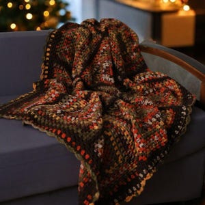 Bohemian Southwestern Crochet Patchwork King Blanket: Fair Isle Moss Stitch in Brown and Burnt Orange