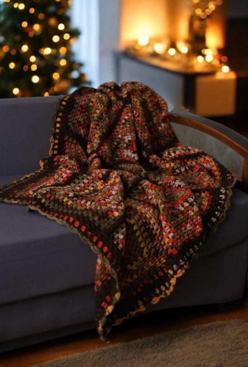 Bohemian Southwestern Crochet Patchwork King Blanket: Fair Isle Moss Stitch in Brown and Burnt Orange