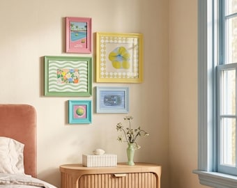 Pastel preppy galerij fotolijsten aan de muur, levendige funky muurkunst fotolijstset, schattige kleurrijke dopamine-lijsten voor esthetische kamerinrichting