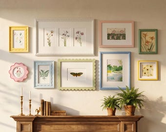 Marcos de fotos coloridos con bordes festoneados/con cuentas, conjunto de pared de galería estilo cottagecore, marcos en tonos pastel para fotos de 4x4/4x6/5x7/8x10, regalo de decoración bohemia para el hogar