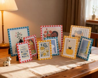 Colorful Gingham Border Picture Frame Set, Dual Tabletop | Wall Mount, Multicolor And Size Checkered Photo Frames for Home & Holiday Decor