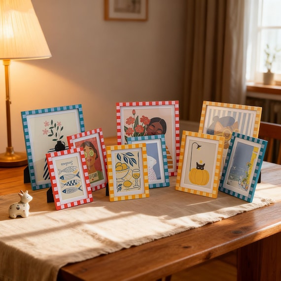Colorful Gingham Border Picture Frame Set, Dual Tabletop | Wall Mount, Multicolor And Size Checkered Photo Frames for Home & Holiday Decor