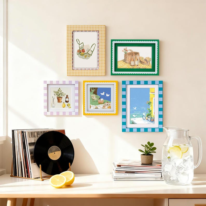 Colorful Gingham Gallery Wall Picture Frame Set, Eclectic Pastel Checkered Photo Frames for Cottagecore Home Decor(4x4, 4x6, 5x7 Single/Set) 5PCS SET(B)