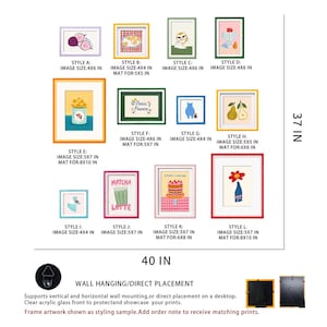 May include: A collection of twelve colorful picture frames labeled Style A through L, with varying dimensions from 4x4 inches to 8x10 inches. The frames display diverse illustrations including fruit, flowers, and text. A 37 by 40 inch layout guide is shown.