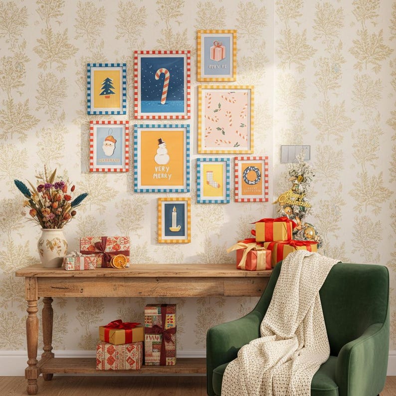 May include: A festive wall display featuring framed Christmas-themed illustrations. The frames have blue and yellow borders. A wooden table holds wrapped gifts and a vase of dried flowers. A green armchair and small Christmas tree complete the holiday scene.