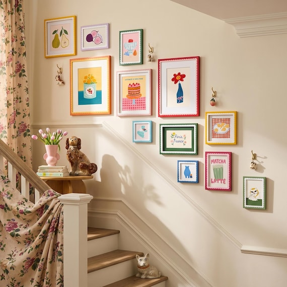 Colorful Scalloped Picture Frames, Single & Gallery Wall Set, Bohemian Decor Frames Perfect for Staircase Wall, Home Art Picture Display