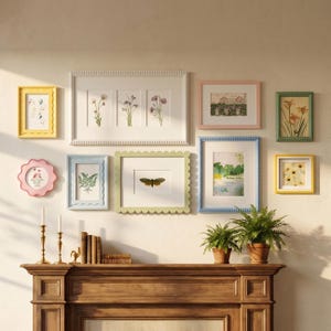 May include: A gallery wall arrangement featuring ten assorted picture frames in pastel and bright colors, including yellow, pink, light blue, white, and green. The frames contain botanical, insect, and landscape prints, displayed above a wooden mantel.