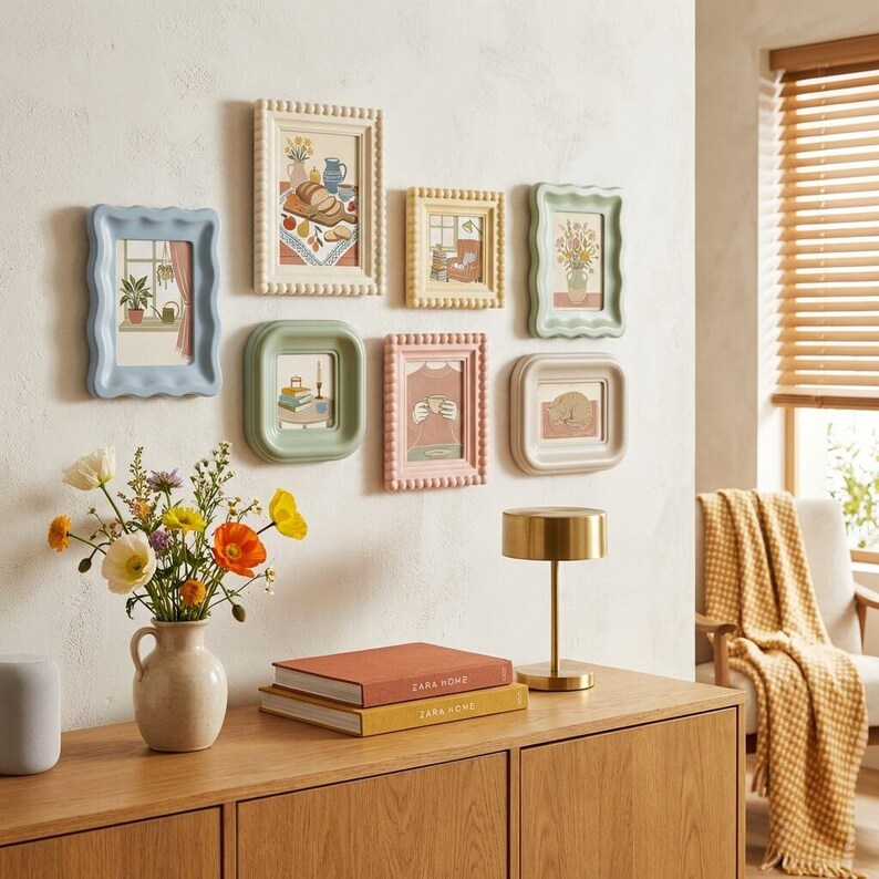 Pretty Frames Vintage Pastel Scalloped Bobble Picture Frames Set, Mixed Shape and ...