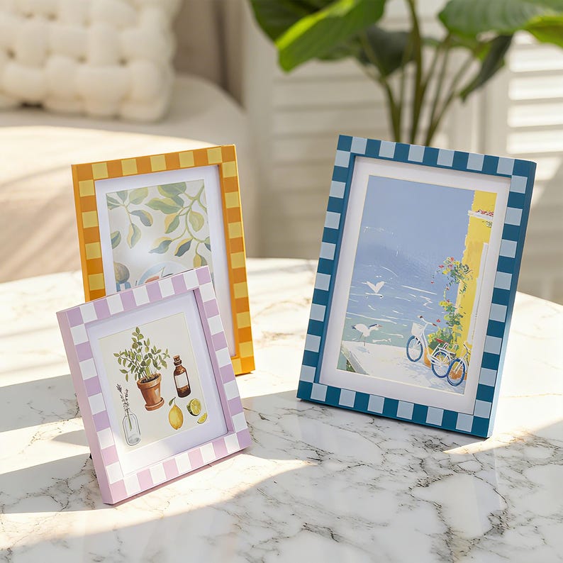 Colorful Gingham Gallery Wall Picture Frame Set, Eclectic Pastel Checkered Photo Frames for Cottagecore Home Decor(4x4, 4x6, 5x7 Single/Set) image 11
