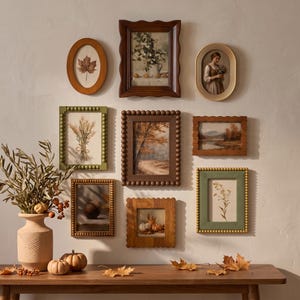 May include: A gallery wall arrangement featuring nine assorted rectangular and oval picture frames in wood, green, and gold tones, displaying botanical and landscape art. A textured beige vase with dried foliage sits on a wooden table below.