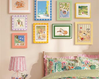 Colorful Wood Picture Frame, Gingham/Stripe Photo Frames, Cute Cottagecore Illustration Decor for Tabletop & Wall Gallery (4x4, 4x6, 5x7)