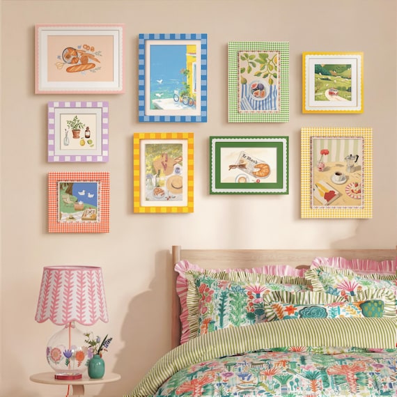 Colorful Gingham Gallery Wall Picture Frame Set, Eclectic Pastel Checkered Photo Frames for Cottagecore Home Decor(4x4, 4x6, 5x7 Single/Set)