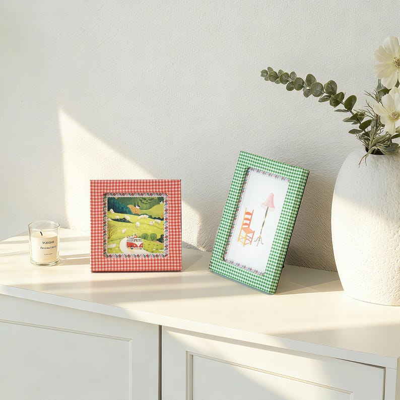 Colorful Gingham Gallery Wall Picture Frame Set, Eclectic Pastel Checkered Photo Frames for Cottagecore Home Decor(4x4, 4x6, 5x7 Single/Set) image 10