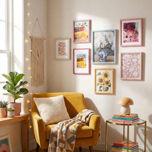 May include: A cozy living room scene featuring a mustard yellow armchair with a cream-colored pillow and a patterned throw blanket. The wall displays framed art prints with various images, including flowers and beach scenes. A small side table holds books and a mushroom-shaped lamp.