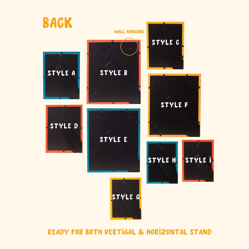 May include: A collection of black picture frames with colorful borders, labeled with styles A through I. The frames are ready for both vertical and horizontal display and wall hanging. The word "BACK" is at the top, with "WALL HANGING" above the frames.