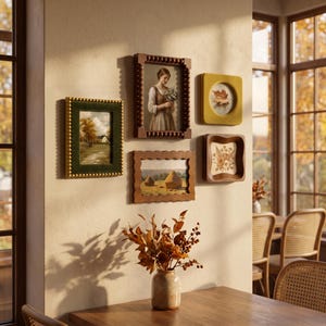 May include: A gallery wall arrangement featuring five framed artworks: a green velvet frame with gold beads, a dark wood beaded frame with a portrait, a scalloped wood frame with a landscape, a mustard yellow frame, and a brown wood frame with floral art.