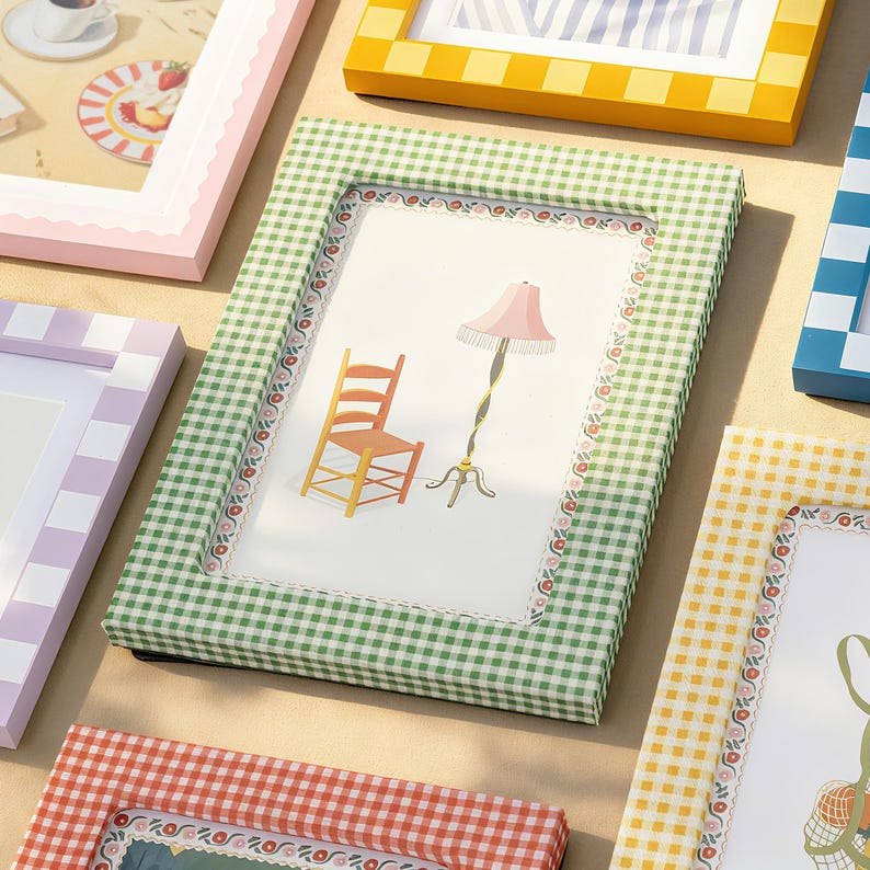 Colorful Gingham Gallery Wall Picture Frame Set, Eclectic Pastel Checkered Photo Frames for Cottagecore Home Decor(4x4, 4x6, 5x7 Single/Set) image 12
