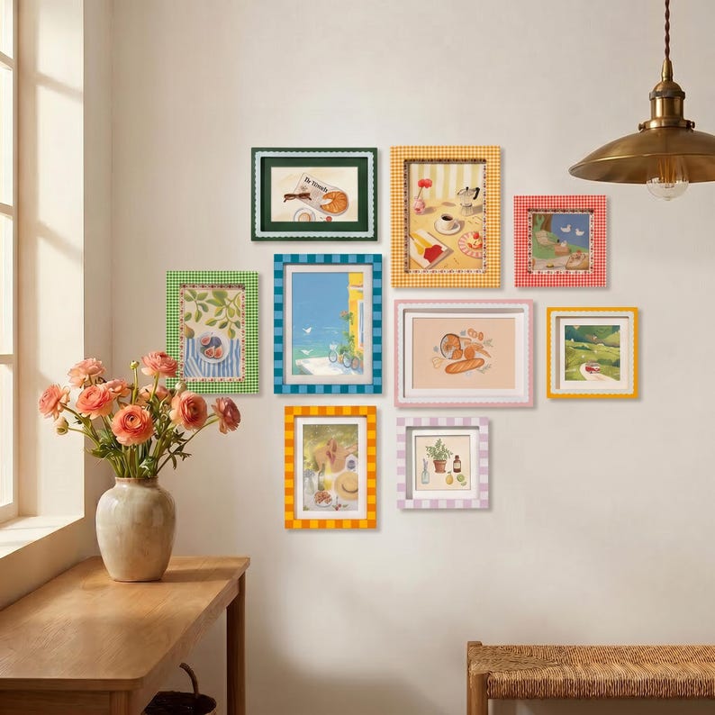 Colorful Gingham Gallery Wall Picture Frame Set, Eclectic Pastel Checkered Photo Frames for Cottagecore Home Decor(4x4, 4x6, 5x7 Single/Set) image 13