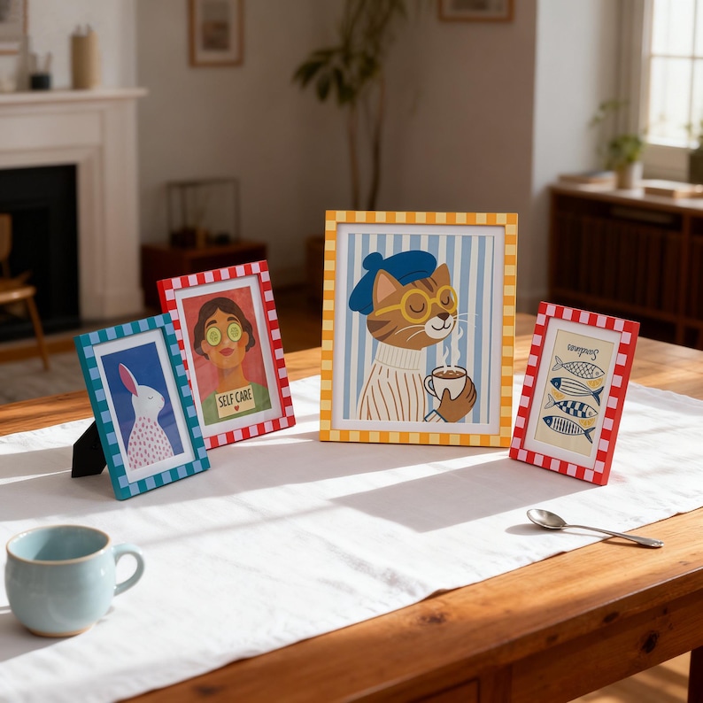 May include: Four decorative picture frames with colorful designs. One frame has a cat wearing glasses and a beret, holding a cup of coffee. Another frame has a rabbit, and a third frame has a woman with cucumbers on her eyes. The fourth frame has fish.