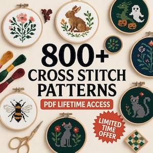 800+ Cross Stitch Patterns PDF Bundle | Mega Digital Collection for Beginners & Advanced | Animals, Flowers, Quotes, Samplers